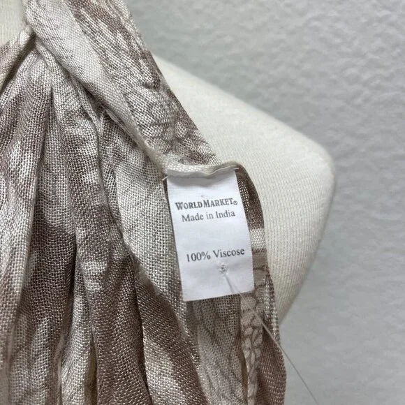 World Market Khaki Tan White Unity Scarf  100% Viscose Floral Print Design - Picture 6 of 6